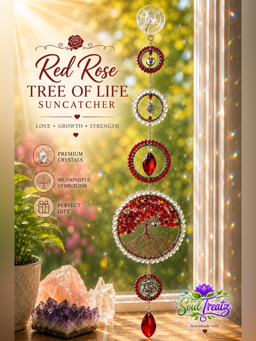 Red Rose Tree of Life Suncatcher by SoulTreatz - Red Crystal Window Hanging